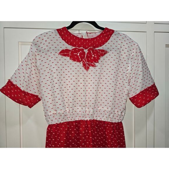 Red & White Prairie Midi Dress with Rose Appliqué – Size M/L (Handmade) - Picture 3 of 16
